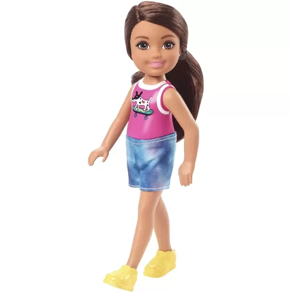 imageMattel  Barbie Chelsea Friend Doll Wearing Pink Shirt with a Dog on a Skateboard TieDye Shorts and Yellow Shoes