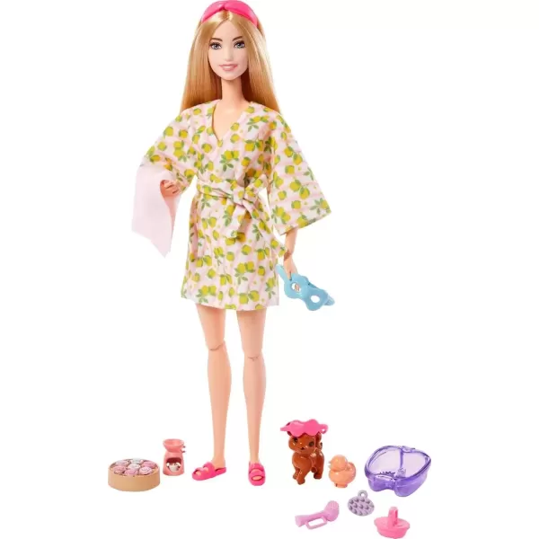 imageBarbie SelfCare Doll Blonde Posable Spa Day Doll in Lemon Bathrobe with Puppy ampamp Accessories Like Headband ampamp EyeMask