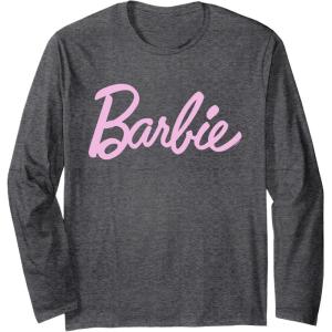 imageBarbie  Classic Script Light Pink Logo Long Sleeve TShirtDark Heather Grey