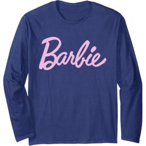 imageBarbie  Classic Script Light Pink Logo Long Sleeve TShirtNavy Blue