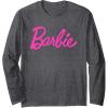 imageBarbie  Classic Script Pink Logo Long Sleeve TShirtDark Heather Grey