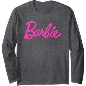 imageBarbie  Classic Script Pink Logo Long Sleeve TShirtDark Heather Grey