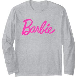 imageBarbie  Classic Script Pink Logo Long Sleeve TShirtHeather Grey