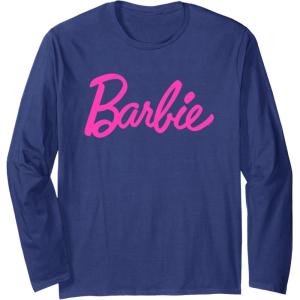 imageBarbie  Classic Script Pink Logo Long Sleeve TShirtNavy Blue