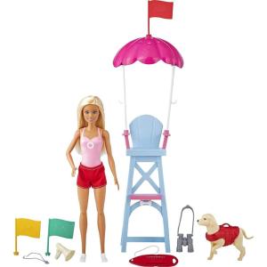 imageBarbie Careers Playset Blonde Lifeguard Doll Wearing Removable Outfit with Dog Chair ampamp 5 Accessories