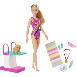 imageBarbie Dreamhouse Adventures Swim n Dive Doll 115Inch in Swimwear with Swimming Feature Diving Board and Puppy Gift for 3 to 7 Year Olds
