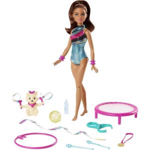 imageBarbie Gymnast Playset Spin n Twirl Teresa Doll Flips ampamp Spins Hoops Pet Has Bouncing Trampoline ampamp Waves Ribbons Themed Acccessories