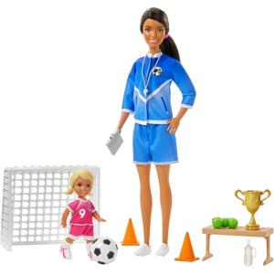 imageBarbie Soccer Coach Playset with Brunette Soccer Coach Doll Student Doll and Accessories Soccer Ball Clipboard Goal Net Cones Bench and More for Ages 3 and Up Multi