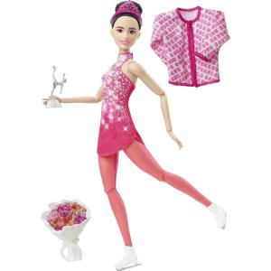 imageBarbie Winter Sports Ice Skater Brunette Doll 12 Inches with Pink Dress Jacket Rose Bouquet ampamp Trophy Great Gift for Ages 3 and UpMulti