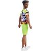 imageBarbie Fashionistas Ken Doll 123 Broad with Black Curly Hair Wearing MultiColored Camo Print Shirt Neon Green Shorts ampamp Silvery Sneakers