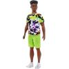 imageBarbie Fashionistas Ken Doll 123 Broad with Black Curly Hair Wearing MultiColored Camo Print Shirt Neon Green Shorts ampamp Silvery Sneakers