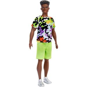 imageBarbie Fashionistas Ken Doll 123 Broad with Black Curly Hair Wearing MultiColored Camo Print Shirt Neon Green Shorts ampamp Silvery Sneakers