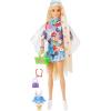 imageBarbie Extra Doll and Accessories with ExtraLong Blonde Hair Wearing Floral Outfit ampamp Poncho with Pet BunnyBonde Floral Fashion