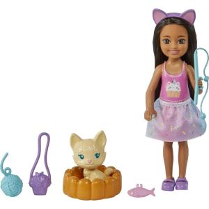 imageBarbie Chelsea Doll ampamp Accessories Brunette Doll with Removable SprinklePrint Skirt Kitten Pet Bed ampamp MoreMulticolor