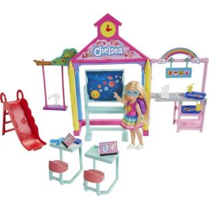 imageBarbie Club Chelsea School Playset with Blonde Small Doll ampamp Classroom Accessories Flipping Blackboard Cafeteria Desks ampamp MoreClassroom playset
