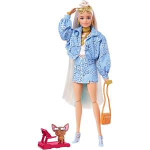 imageBarbie Extra Doll and Accessories with ExtraLong Blonde Hair Wearing Floral Outfit ampamp Poncho with Pet BunnyBlonde Blue Paisley Print