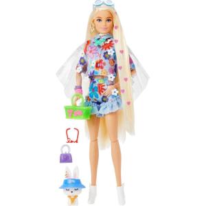 imageBarbie Extra Doll and Accessories with ExtraLong Blonde Hair Wearing Floral Outfit ampamp Poncho with Pet BunnyBonde Floral Fashion