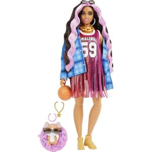 imageBarbie Extra Doll and Accessories with ExtraLong Blonde Hair Wearing Floral Outfit ampamp Poncho with Pet BunnyPink Streaks Jersey Dress