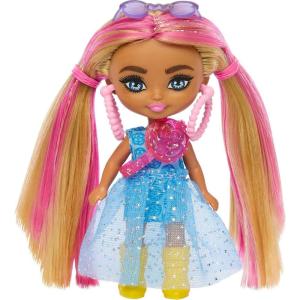 imageBarbie Extra Mini Minis with BlueStreaked Black Ponytail Wearing Rainbow Dress ampamp Accessories ampamp Stand 325inch325 Inch