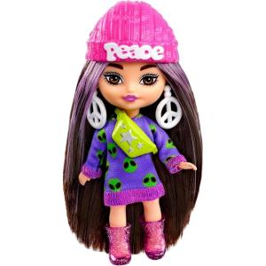 imageBarbie Extra Mini Minis with BlueStreaked Black Ponytail Wearing Rainbow Dress ampamp Accessories ampamp Stand 325inch325 inch Pack of 1