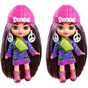imageBarbie Extra Mini Minis with BlueStreaked Black Ponytail Wearing Rainbow Dress ampamp Accessories ampamp Stand 325inch325 inch Pack of 2