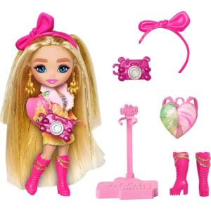 imageBarbie Extra Fly Minis Travel Doll Safari Look with Super Long Brunette Hair in AnimalPrint Outfit ampamp Accessories 55inch