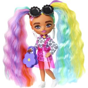 imageBarbie Extra Minis Doll 6 Wearing Flower Print Dress with Rainbow Hair Doll Stand ampamp Accessories Including Sunglasses ampamp Purse 55inch