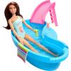 imageBarbie Doll ampamp Pool Playset Blonde in Tropical Pink OnePiece Swimsuit with Pool Slide Towel ampamp Drink AccessoriesBrunette in Seafoam Blue