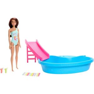 imageBarbie Doll ampamp Pool Playset Blonde in Tropical Pink OnePiece Swimsuit with Pool Slide Towel ampamp Drink AccessoriesBrunette in Seafoam Blue