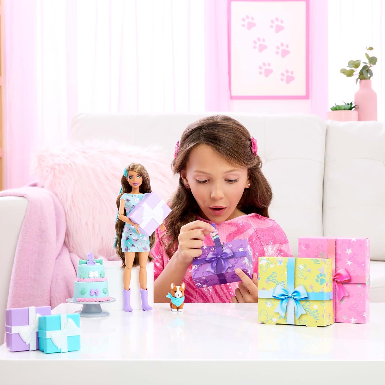 imageBarbie Party Unboxed Doll ampamp Accessories Pet Birthday Series Party Stars Set with 10 Surprises Including Color Change ampamp CakeDecorating Activity