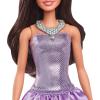 imageBarbie Fashionistas Doll 234 with Brown Hair Wearing Sequined Purple Bubble Dress with Satiny Skirt Silvery Necklace and Heels