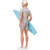 imageBarbie The Movie Ken Doll Wearing Pastel Pink and Green Striped Beach Matching Set with Surfboard and White Sneakers