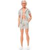 imageBarbie The Movie Ken Doll Wearing Pastel Pink and Green Striped Beach Matching Set with Surfboard and White Sneakers