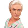 imageBarbie The Movie Ken Doll Wearing Pastel Pink and Green Striped Beach Matching Set with Surfboard and White Sneakers