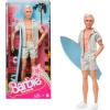 imageBarbie The Movie Ken Doll Wearing Pastel Pink and Green Striped Beach Matching Set with Surfboard and White Sneakers