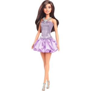 imageBarbie Fashionistas Doll 234 with Brown Hair Wearing Sequined Purple Bubble Dress with Satiny Skirt Silvery Necklace and Heels