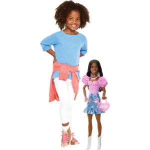 imageBarbie Large Fashion Doll with Dark Brown Hair Wearing Removable Fashions Including Pink Top Denim Skirt Cowboy Boots ampamp 3 Accessories