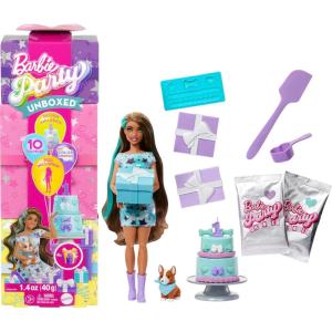 imageBarbie Party Unboxed Doll ampamp Accessories Pet Birthday Series Party Stars Set with 10 Surprises Including Color Change ampamp CakeDecorating Activity