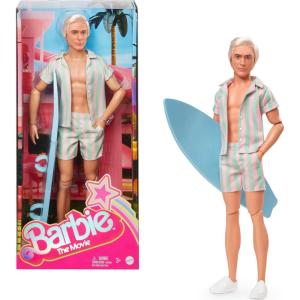 imageBarbie The Movie Ken Doll Wearing Pastel Pink and Green Striped Beach Matching Set with Surfboard and White Sneakers