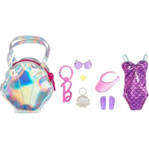 imageBarbie Clothes Set BeachThemed with Swimsuit 5 Acessories ampamp Zippered DollSized ShellShaped Bag with ClipOn Ring Iridescent