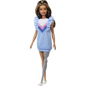 imageBarbie Fashionistas Doll 121 with Brown Hair ampamp Prosthetic Leg Wearing Blue Sweater Dress ampamp Accessories Including Shoes ampamp Hoop EarringsBlue