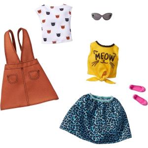 imageBarbie Fashions 2Pack Clothing Set 2 Outfits Doll Include White Tee with Kitty Print Yellow Meow Tie Shirt Orange Jumper Blue AnimalPrint Skirt ampamp 2 Accessories