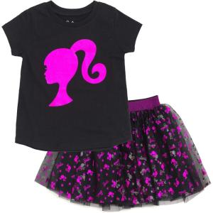 imageBarbie Girls Metallic Print TShirt and Tulle Mesh Skirt Toddler to Big KidBlack  Pink Foil