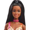 imageBarbie Fashionistas Doll 233 with Black Hair Wearing Checkered Orange and Pink Flower Midi Dress with Necklace and Sandals