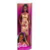 imageBarbie Fashionistas Doll 233 with Black Hair Wearing Checkered Orange and Pink Flower Midi Dress with Necklace and Sandals