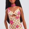 imageBarbie Fashionistas Doll 233 with Black Hair Wearing Checkered Orange and Pink Flower Midi Dress with Necklace and Sandals