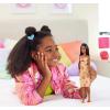 imageBarbie Fashionistas Doll 233 with Black Hair Wearing Checkered Orange and Pink Flower Midi Dress with Necklace and Sandals