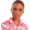 imageBarbie Fashionistas Ken Doll 235 with Braided Brown Hair Wearing Coral Jumpsuit with Hawaiian Print and Green Sandals