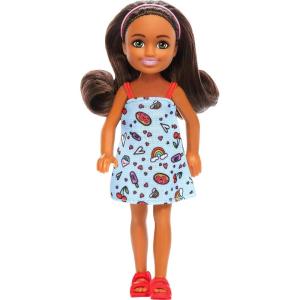 imageBarbie Chelsea Doll Small Boy Doll Wearing Removable OnePiece with Dinosaur Print ampamp White Shoes Blond Hair ampamp Blue EyesGirl  Blue Dress