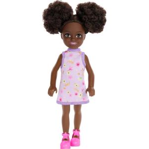 imageBarbie Chelsea Doll Small Boy Doll Wearing Removable OnePiece with Dinosaur Print ampamp White Shoes Blond Hair ampamp Blue EyesGirl  Purple Dress
